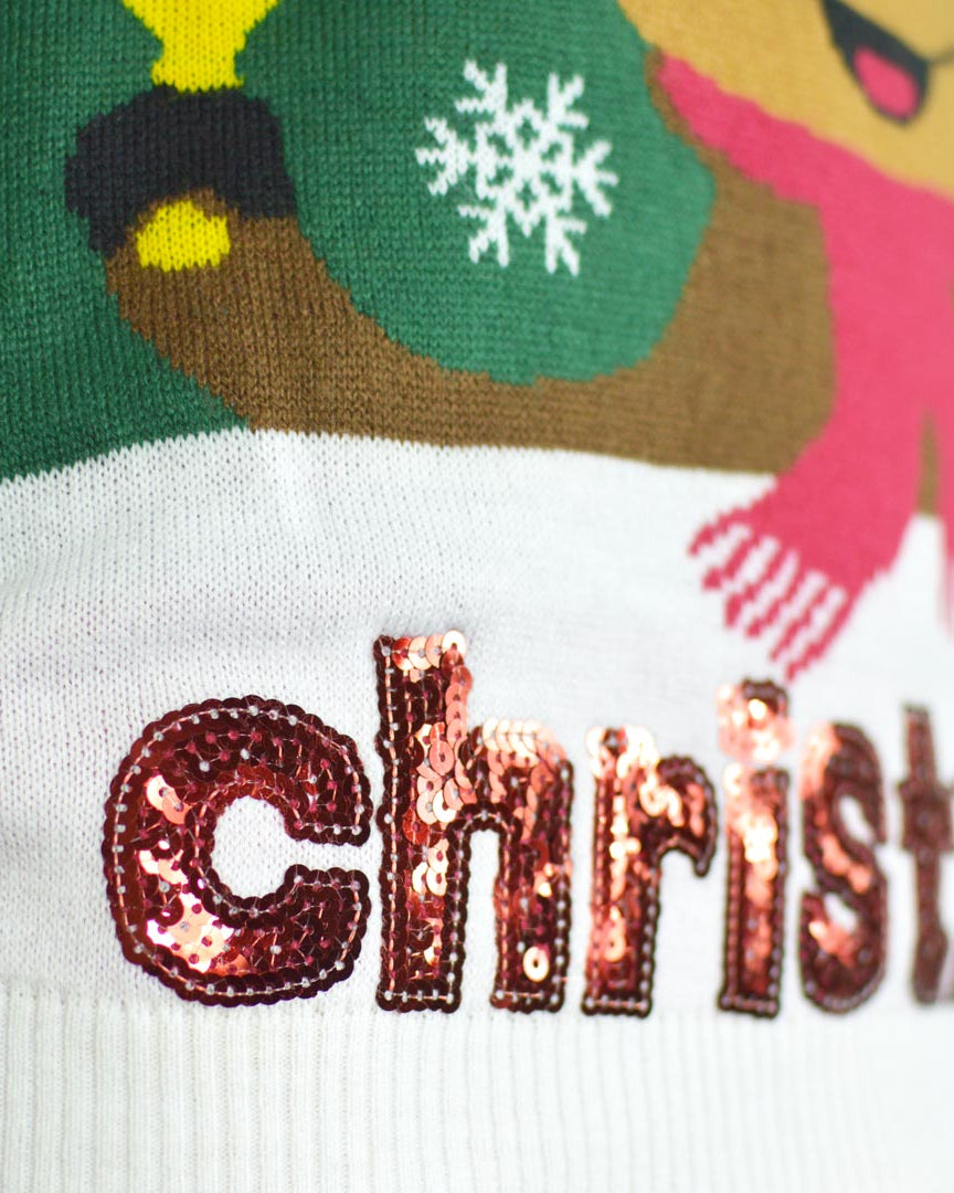 Green Family Christmas Jumper Holly Jolly with Sequins Detail