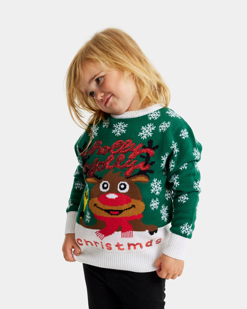 Green Family Christmas Jumper Holly Jolly with Sequins Kids
