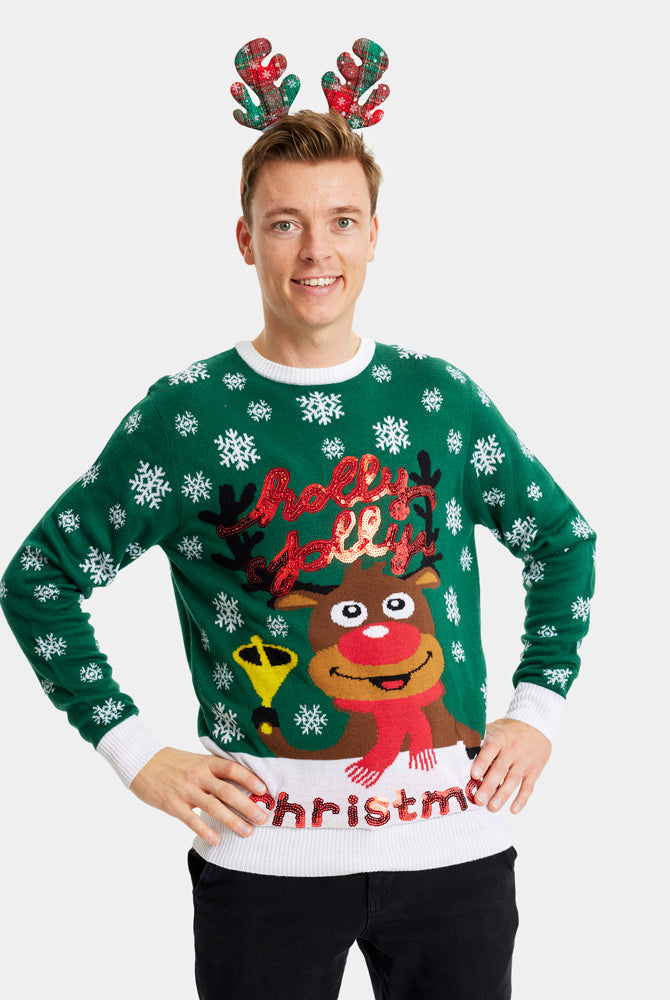 Green Family Christmas Jumper Holly Jolly with Sequins Mens