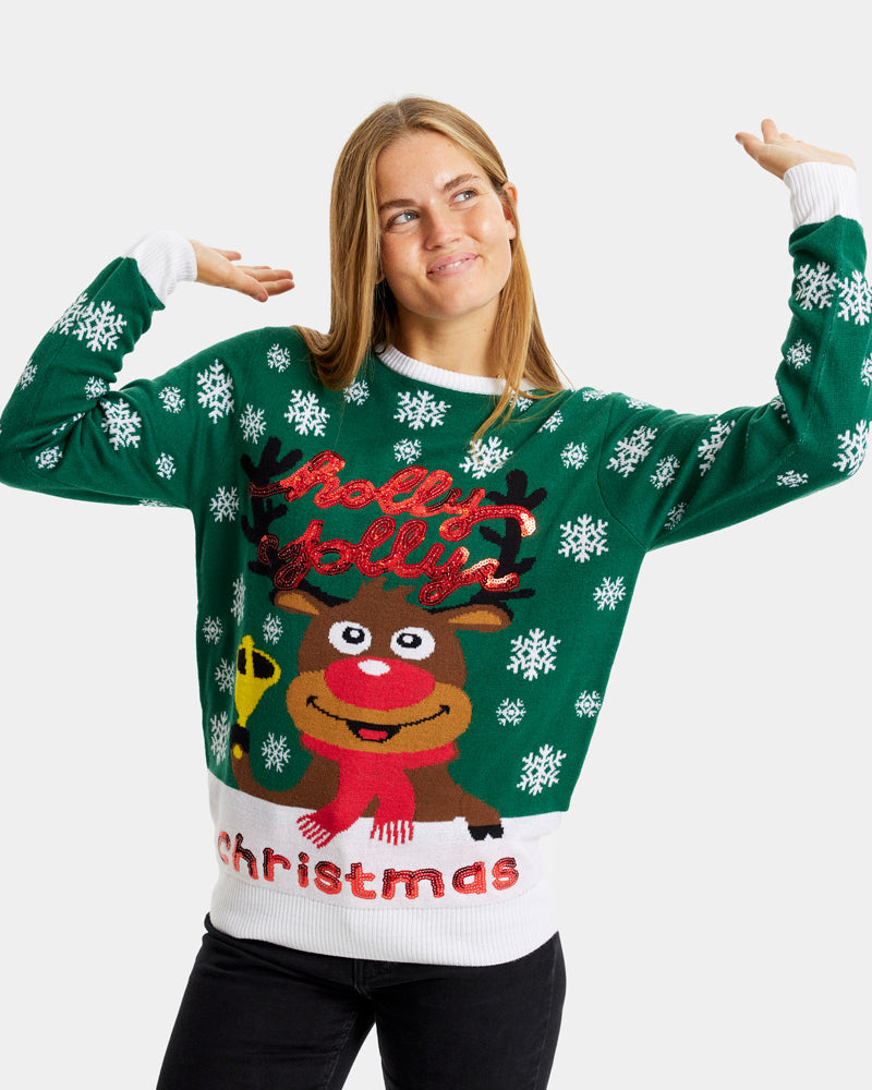 Green Family Christmas Jumper Holly Jolly with Sequins womens