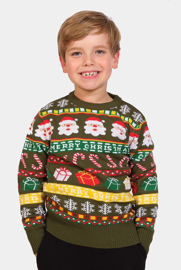 Boys Green Family Christmas Jumper with Santa and Gifts
