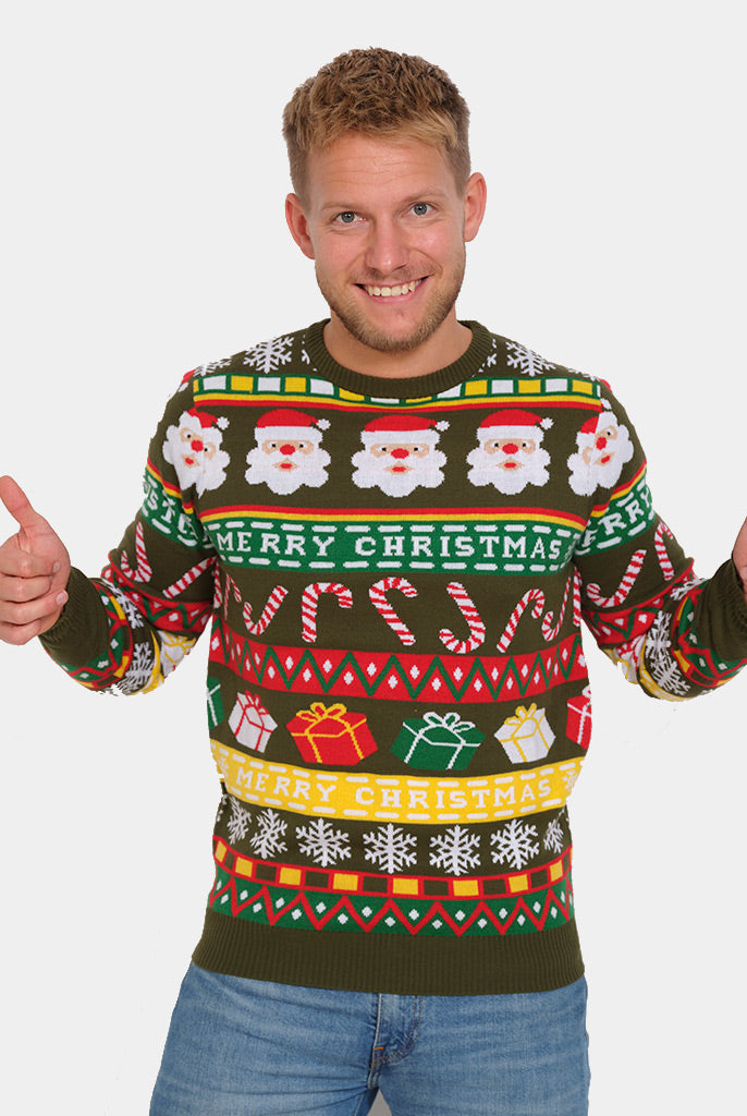 Mens Green Family Christmas Jumper with Santa and Gifts