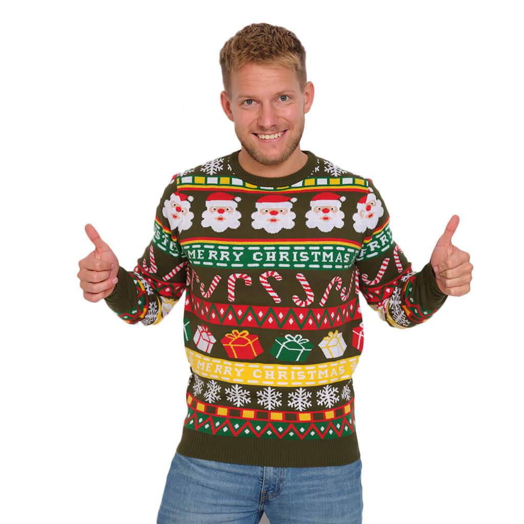 Mens Green Family Christmas Jumper with Santa and Gifts