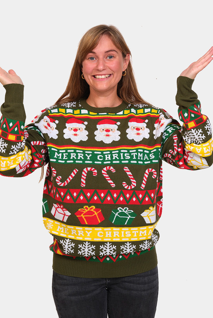 Womens Green Family Christmas Jumper with Santa and Gifts