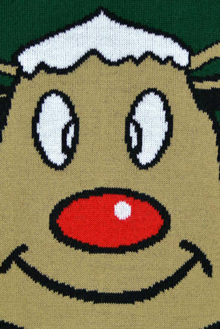 Green Family Christmas Jumper with Smiling Reindeer Detail