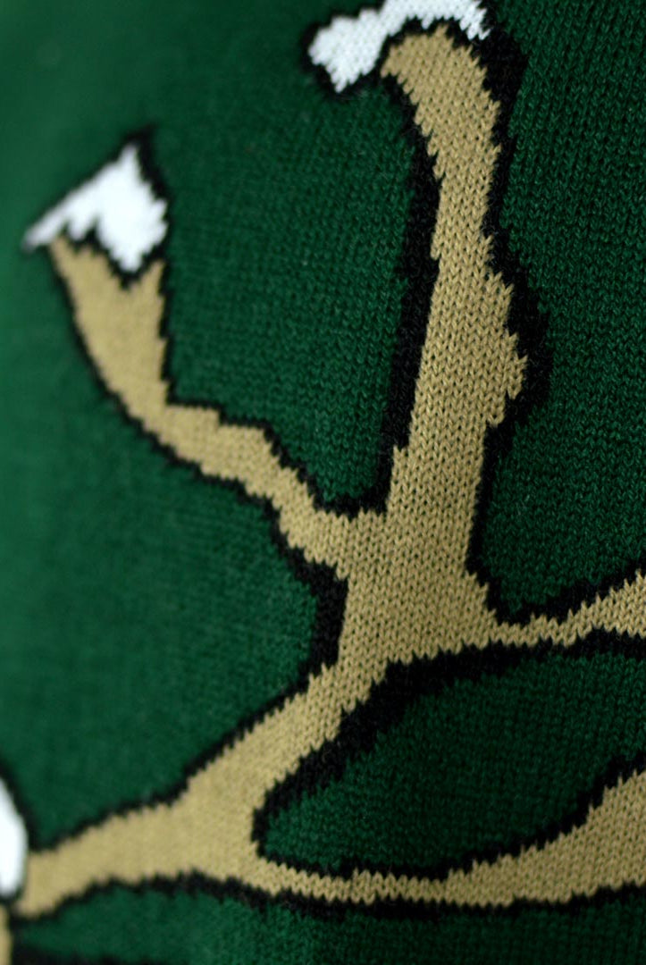 Green Family Christmas Jumper with Smiling Reindeer Detail Snow