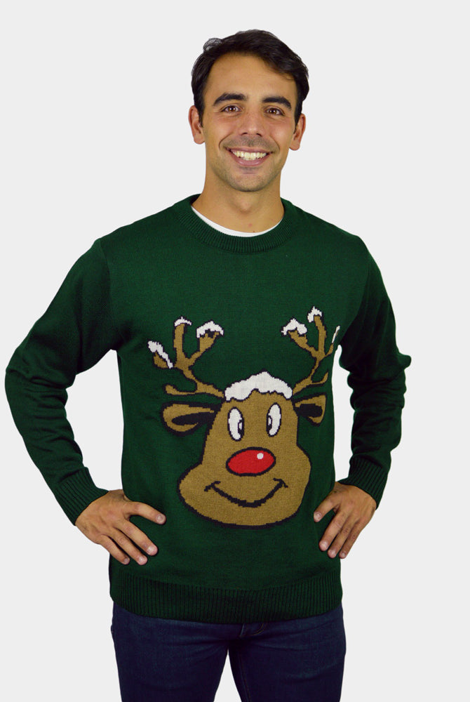 Green Family Christmas Jumper with Smiling Reindeer Mens