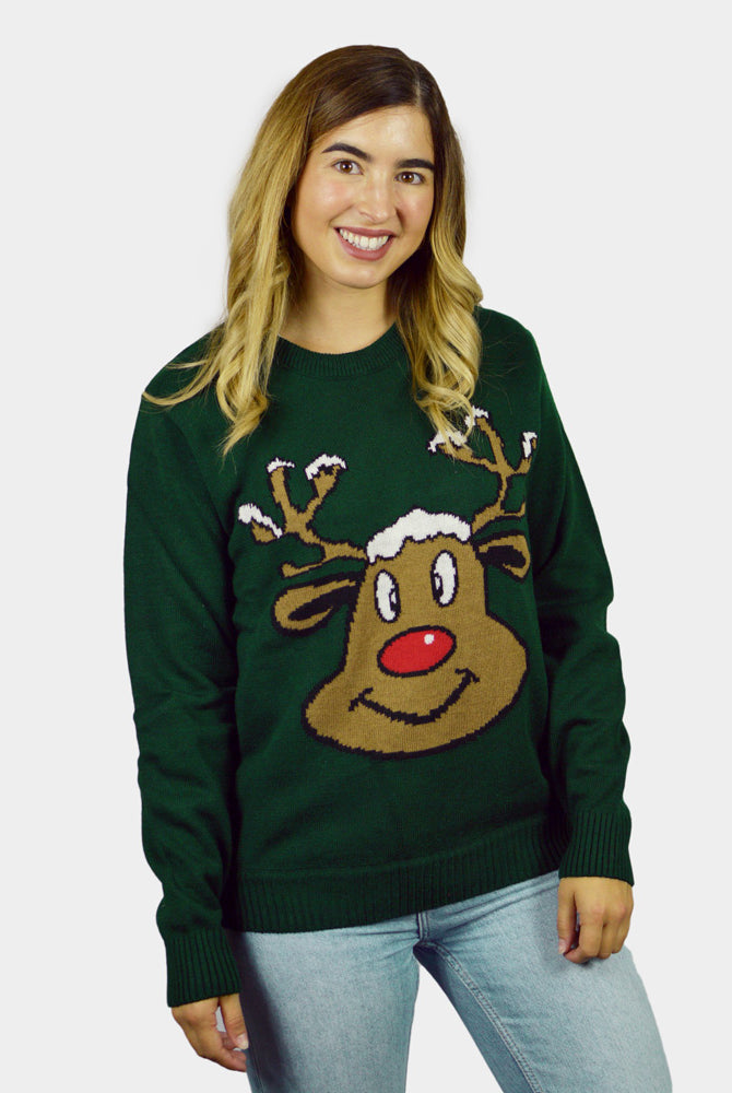 Green Family Christmas Jumper with Smiling Reindeer Womens