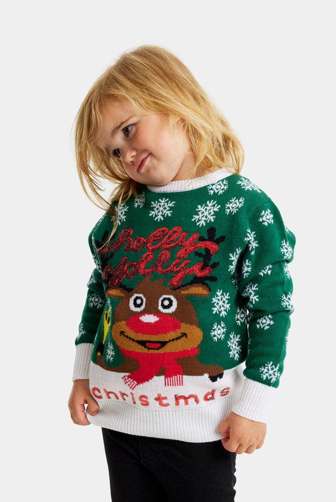Green Girls Christmas Jumper Holly Jolly with Sequins