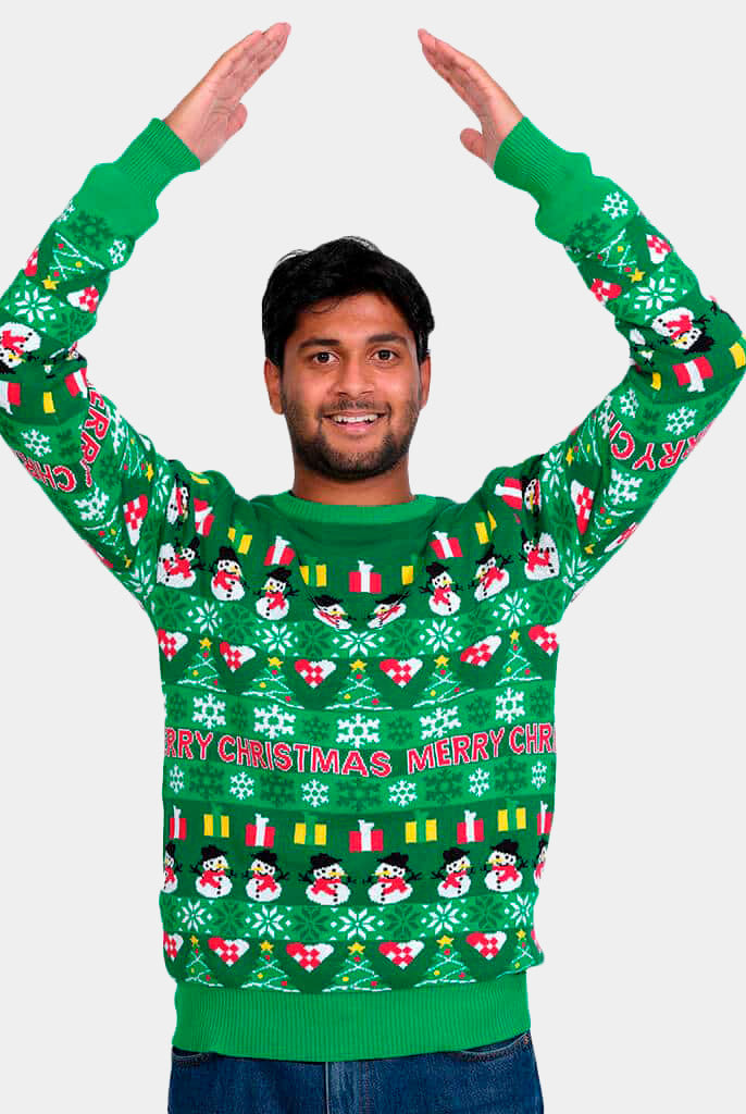 Mens Green Organic Cotton Christmas Jumper with Trees and Snowmens