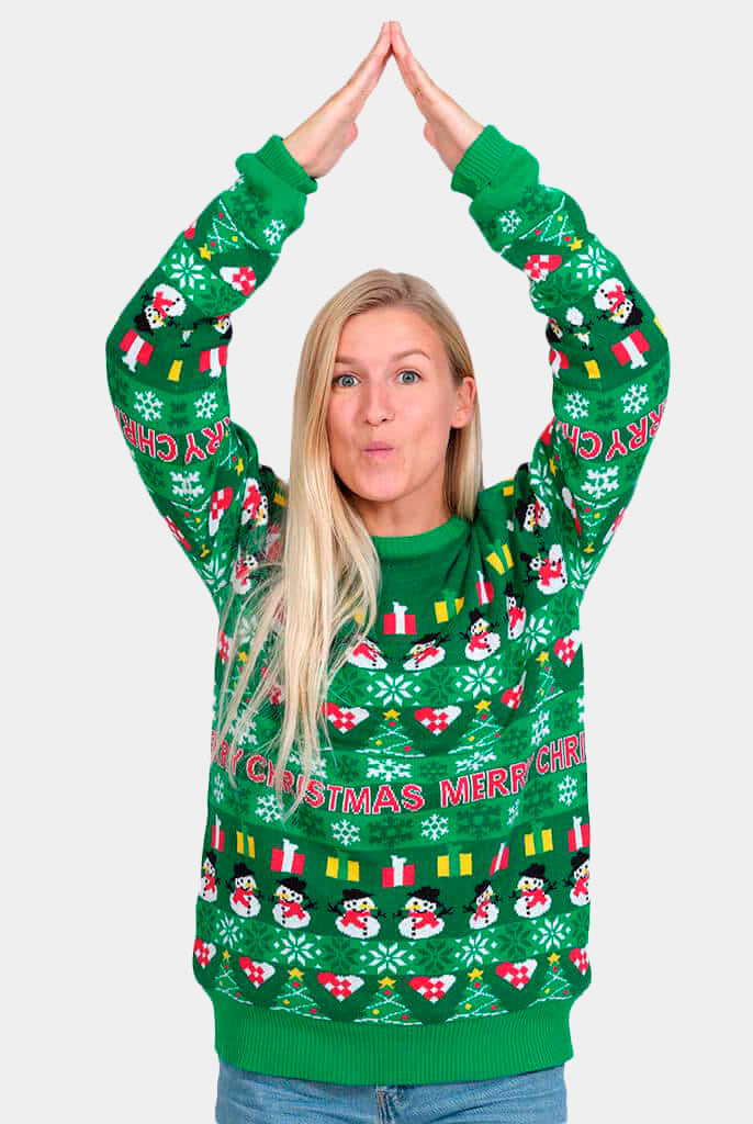 Womens Green Organic Cotton Christmas Jumper with Trees and Snowmens