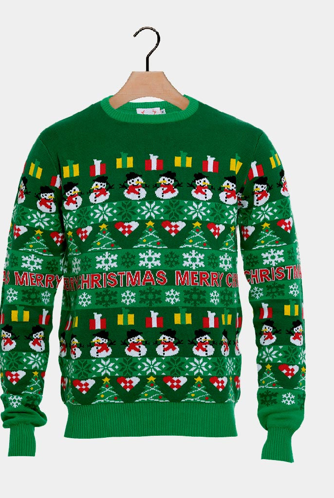 Green Organic Cotton Christmas Jumper with Trees and Snowmens