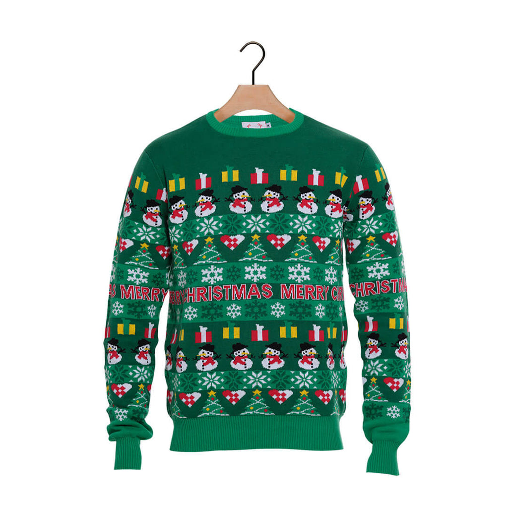 Green Organic Cotton Christmas Jumper with Trees and Snowmens
