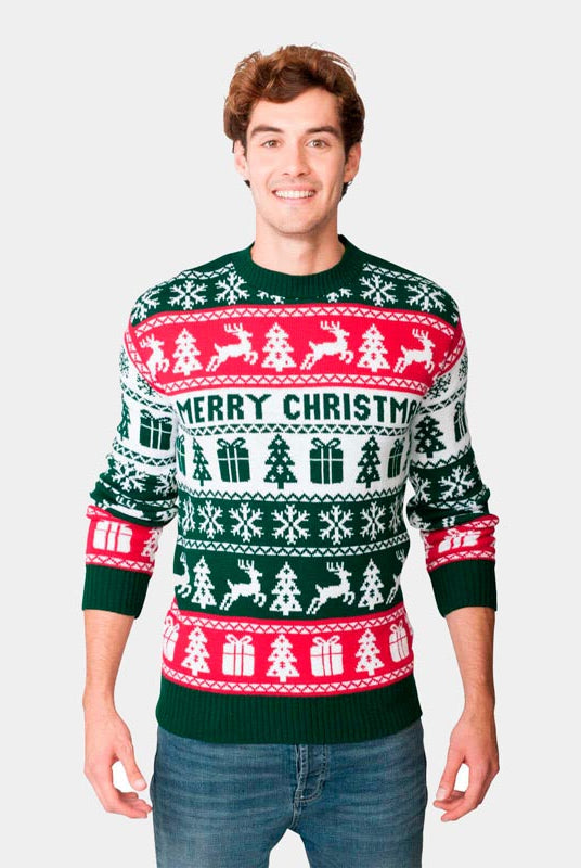 Green, Red and White Strips Christmas Jumper Mens
