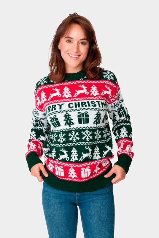 Womens Green, Red and White Strips Christmas Jumper