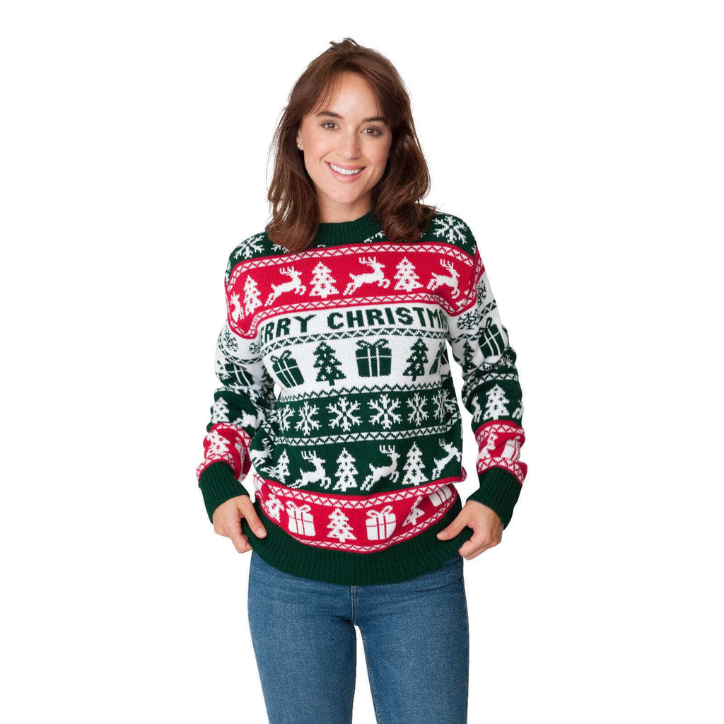 Womens Green, Red and White Strips Christmas Jumper