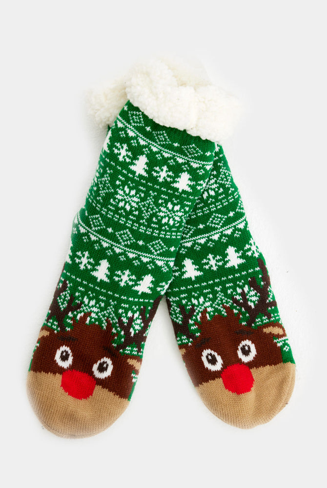 Green Rubber Sole Christmas Socks with Trees and Reindeer