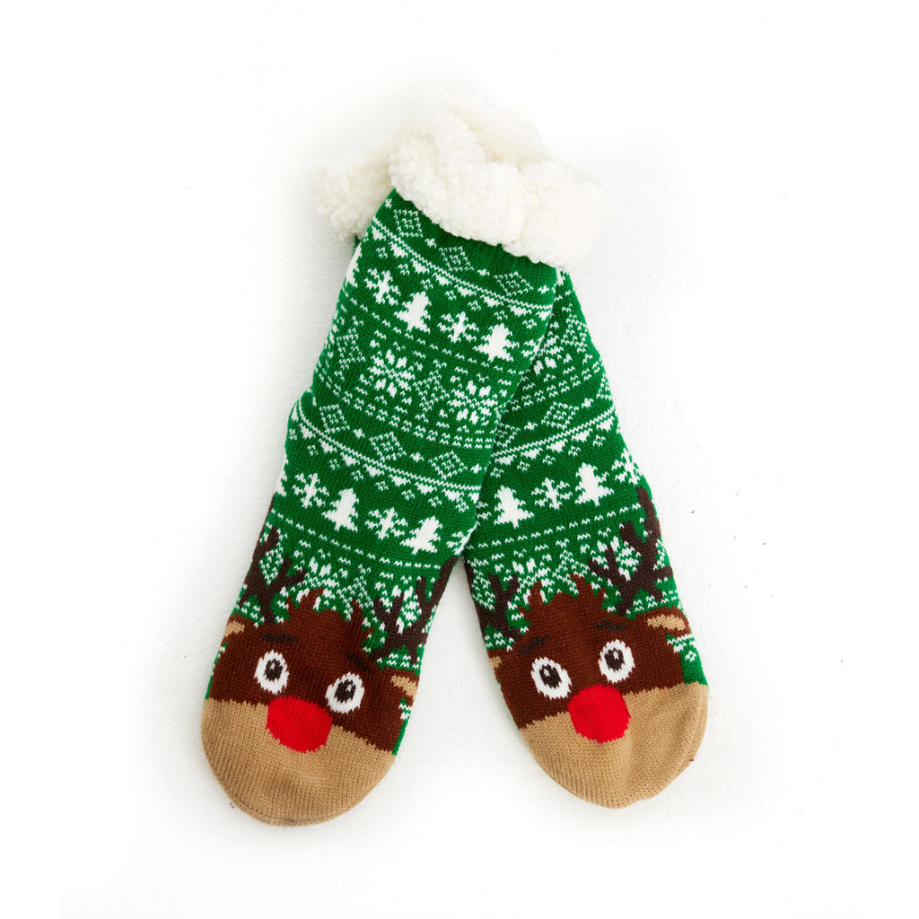 Green Rubber Sole Christmas Socks with Trees and Reindeer