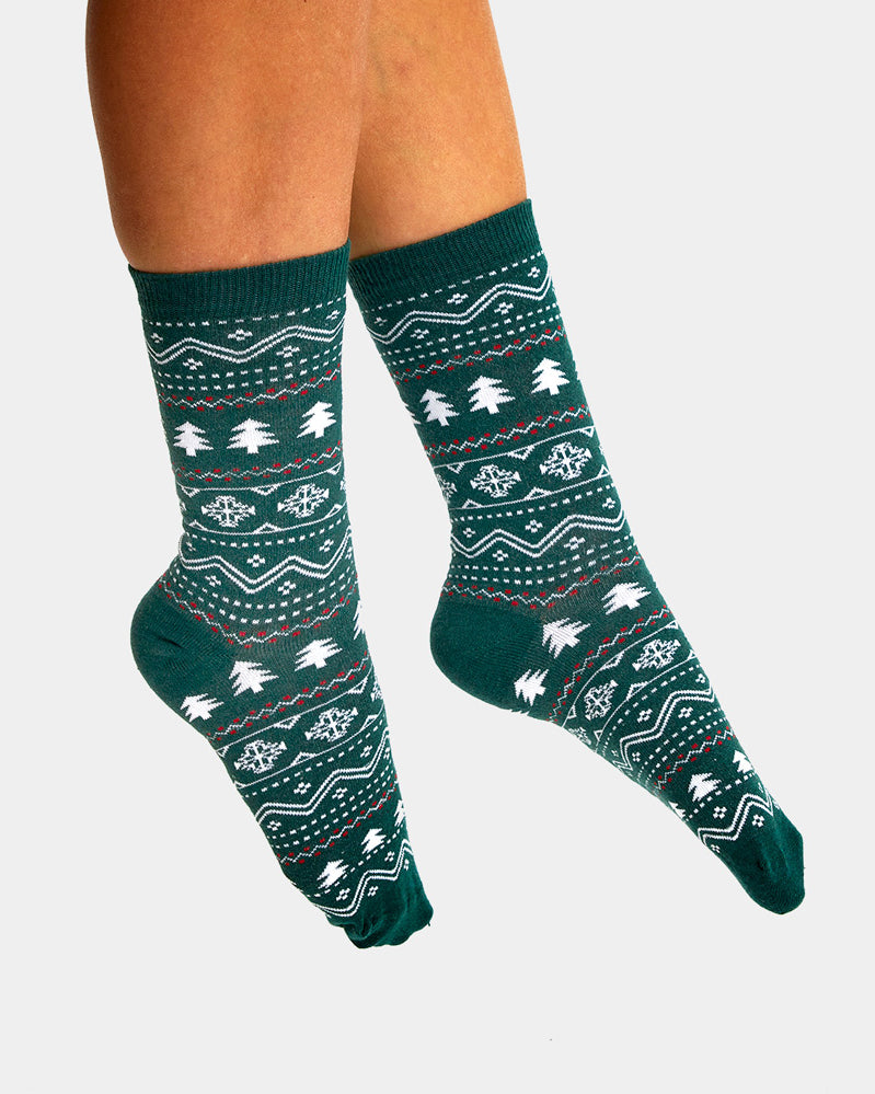 Green Unisex Christmas Socks with Trees and Snow Womens and Mens