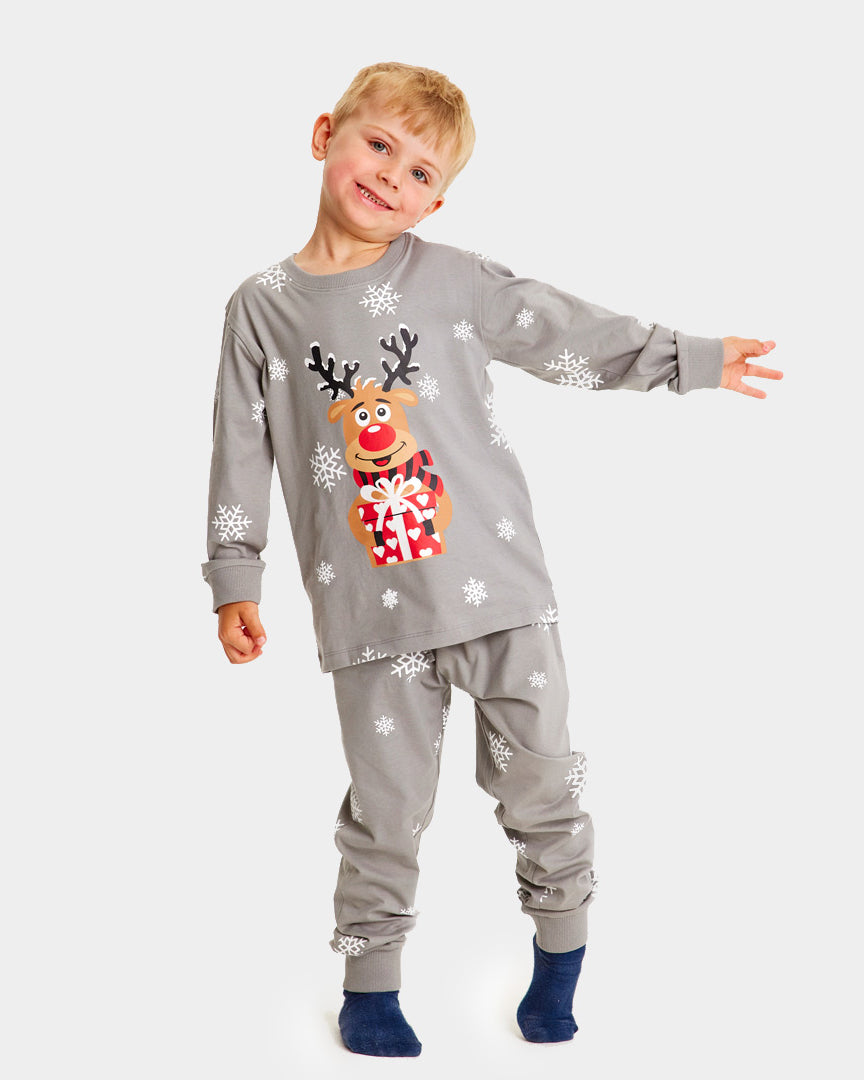 Grey Christmas Pyjama for Family with Rudolph the Reindeer Kids