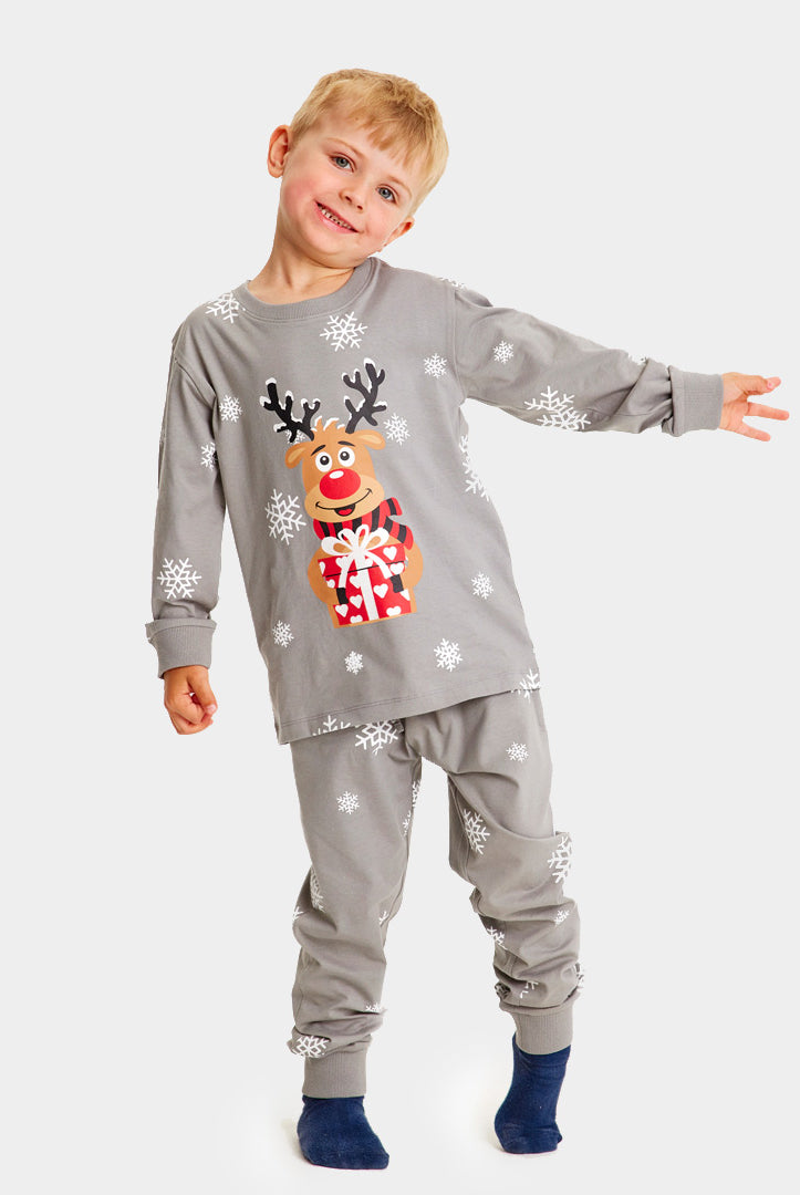 Grey Christmas Pyjama for Family with Rudolph the Reindeer Kids