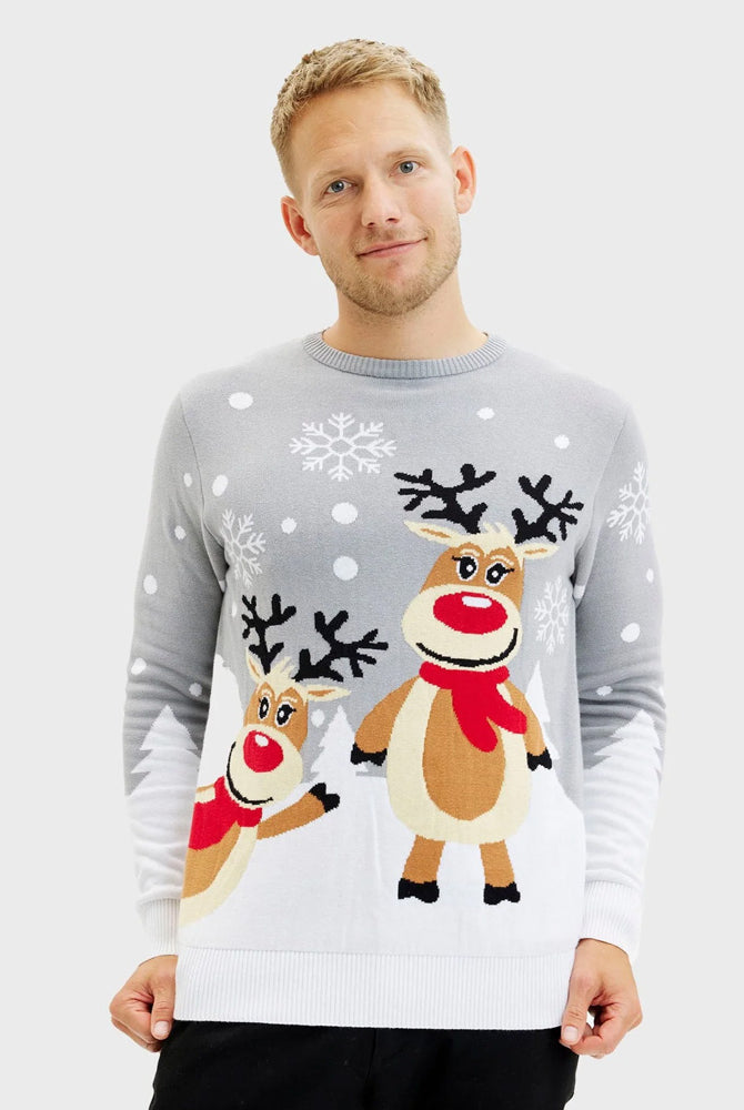 Grey Organic Cotton Cute Reindeers Christmas Jumper Mens