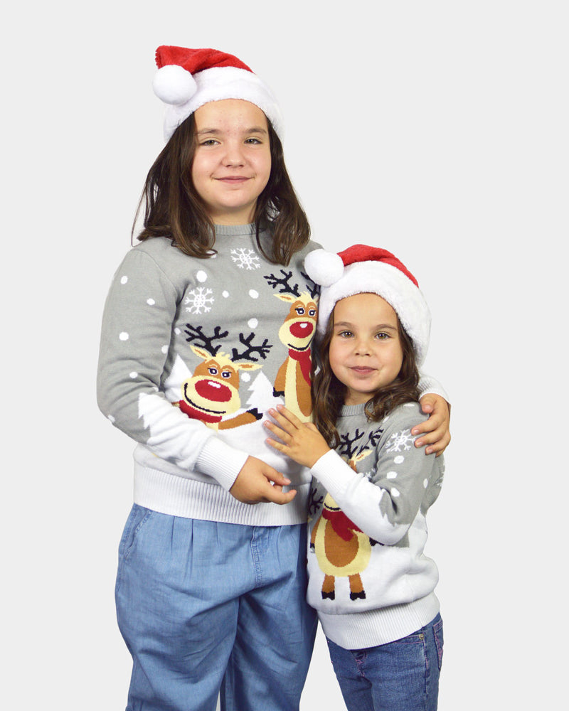 Grey Organic Cotton Cute Reindeers Family Christmas Jumper Girls