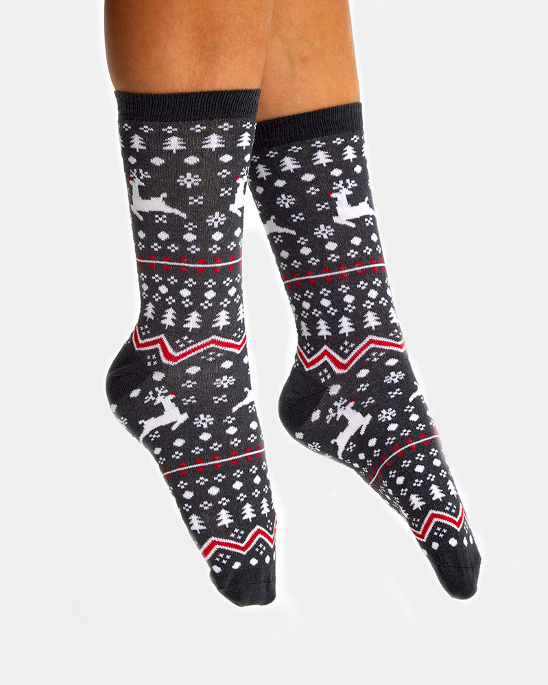 Grey Unisex Christmas Socks with Reindeers and Trees Womens and Mens