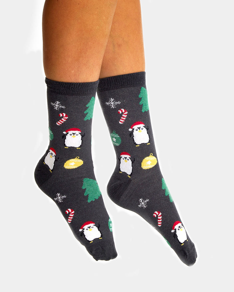 Grey Unisex Christmas Socks with Trees and Penguins Womens and Mens
