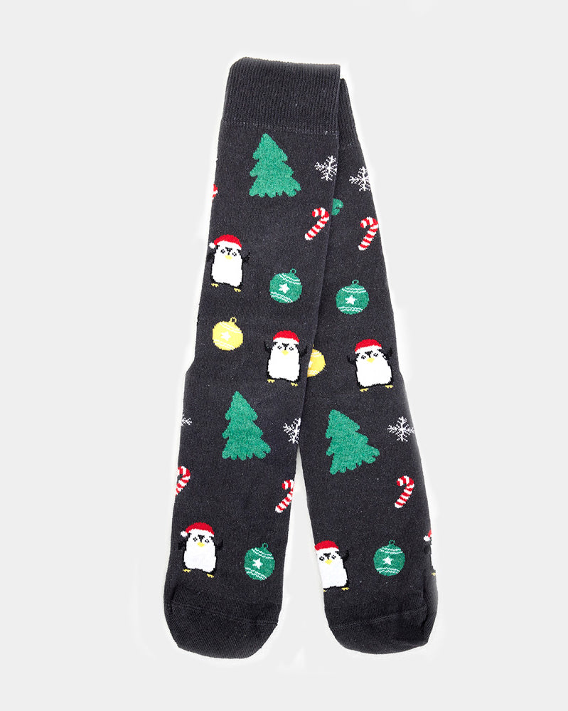 Grey Unisex Christmas Socks with Trees and Penguins