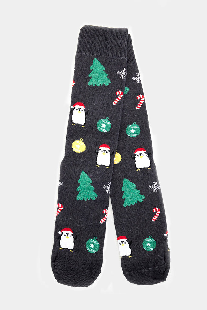 Grey Unisex Christmas Socks with Trees and Penguins