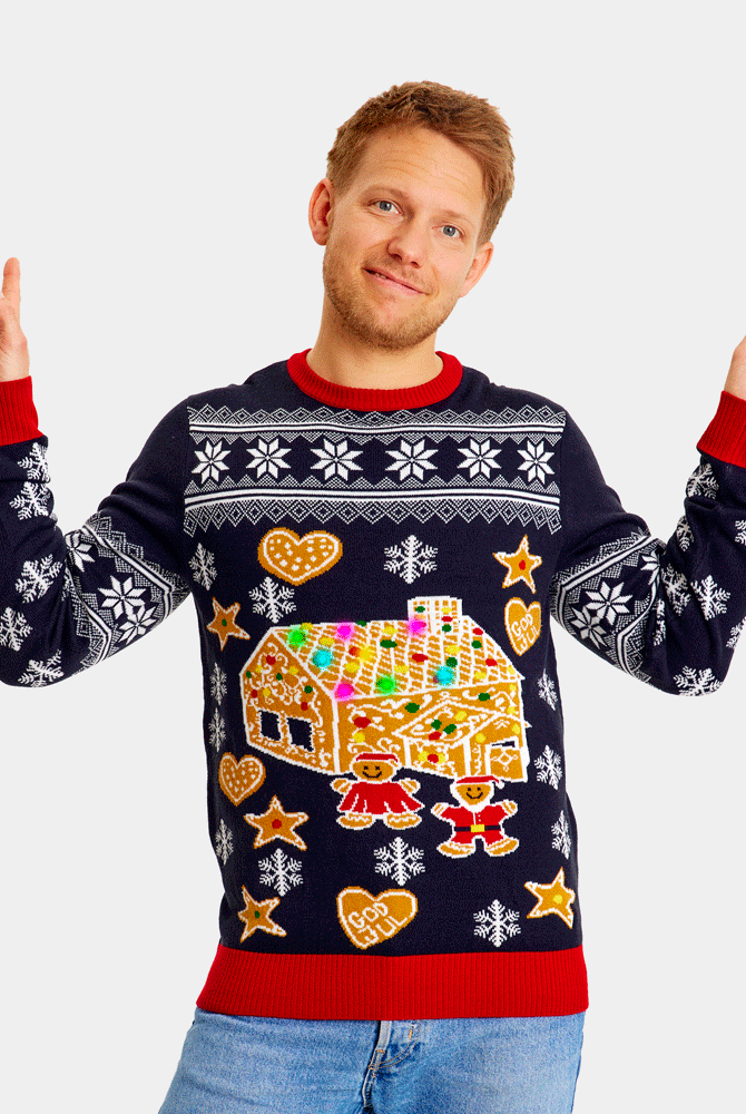 LED light-up Christmas Jumper with Gingerbread House Mens
