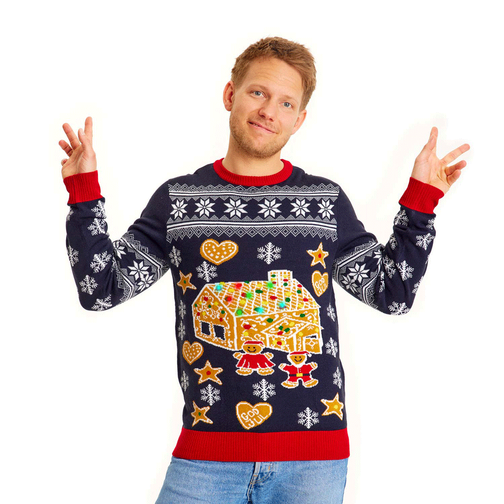 LED light-up Christmas Jumper with Gingerbread House Mens