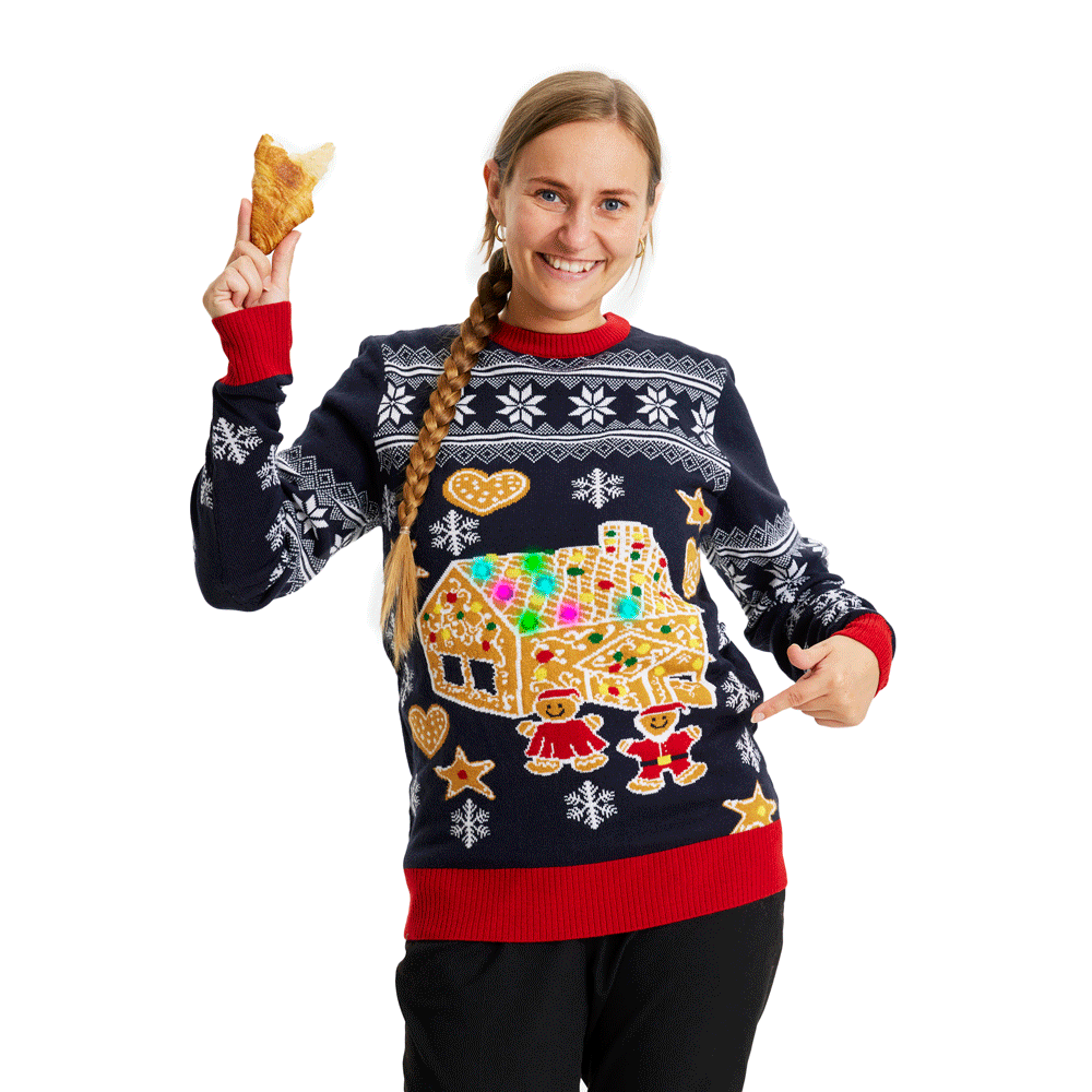 LED light-up Christmas Jumper with Gingerbread House Womens