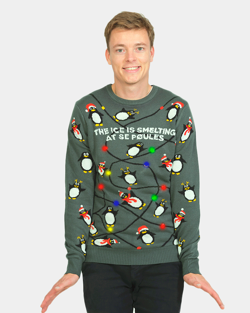 Mens LED light-up Christmas Jumper with Penguins