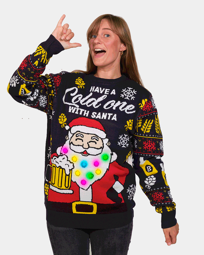 Womens LED Light-Up Christmas Jumper Santa with Beer