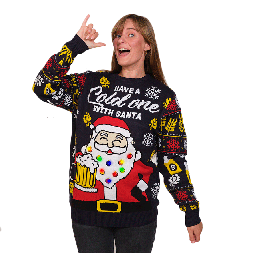 Womens LED Light-Up Christmas Jumper Santa with Beer