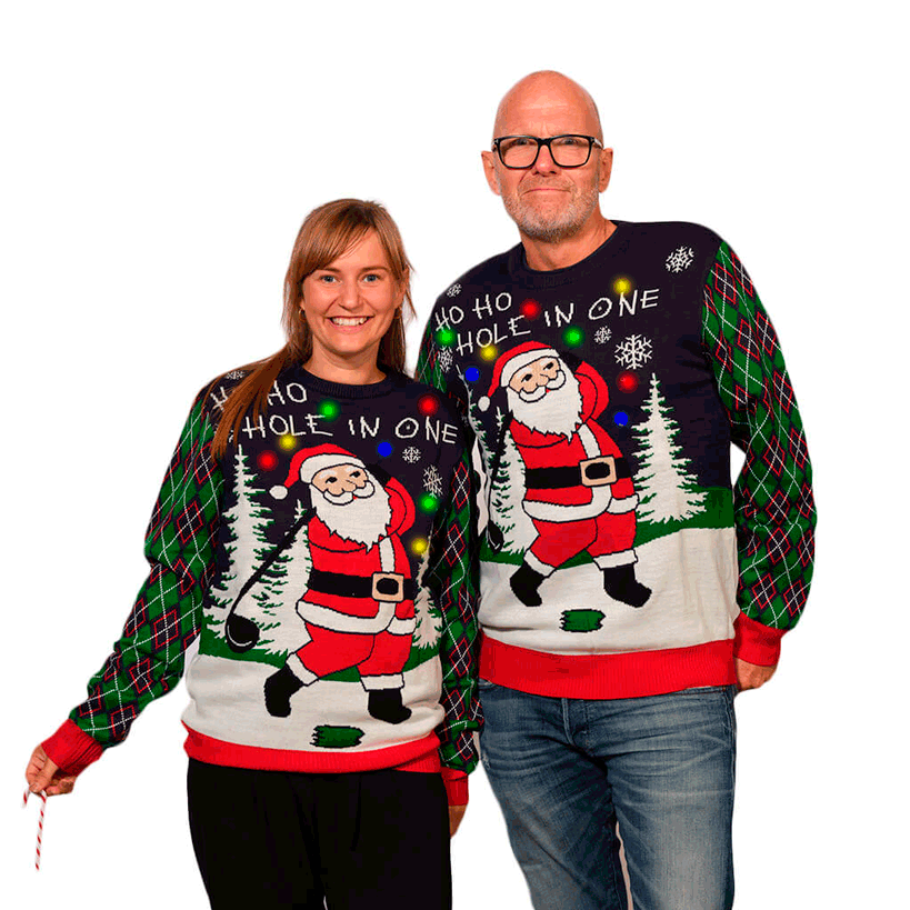 LED light-up Christmas Jumper with Santa playing Golf Couple