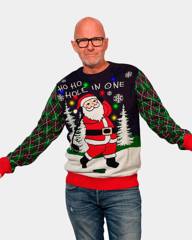 Mens LED light-up Christmas Jumper with Santa playing Golf
