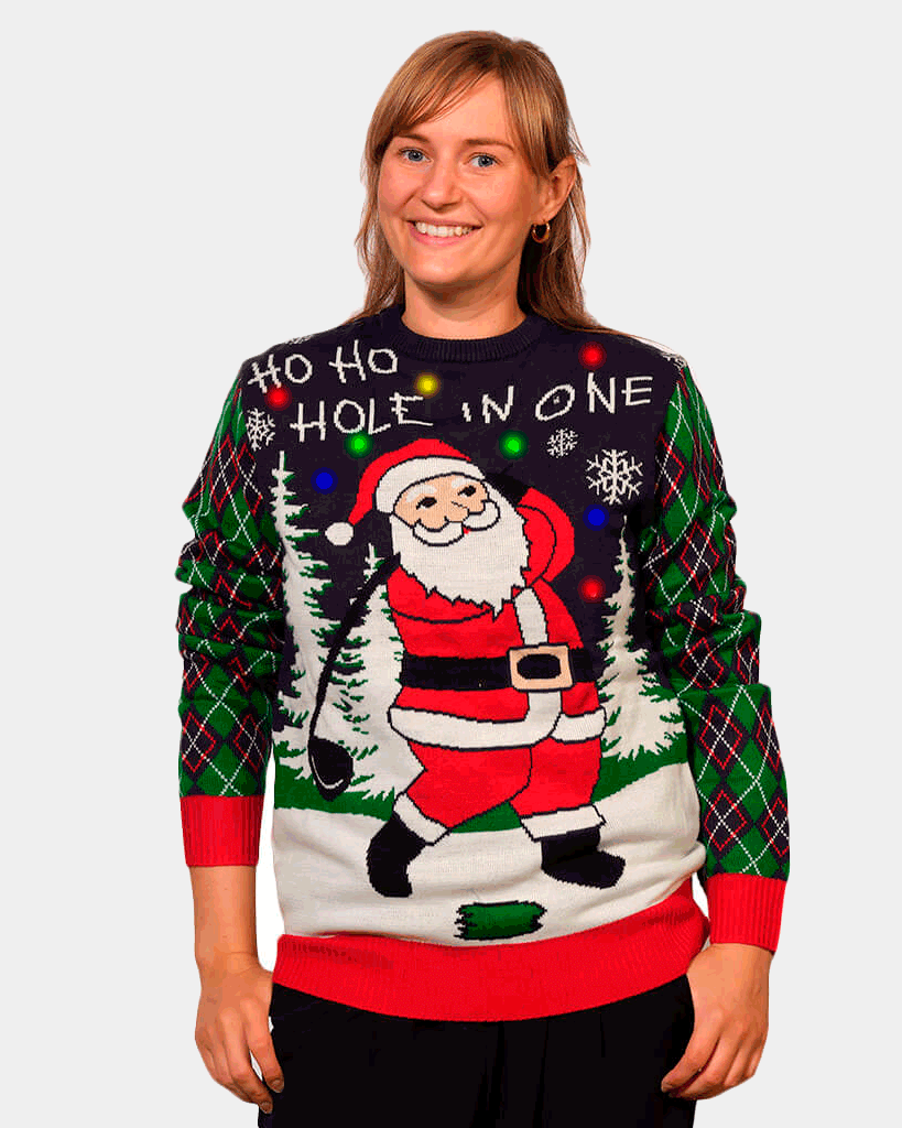 Womens LED light-up Christmas Jumper with Santa playing Golf
