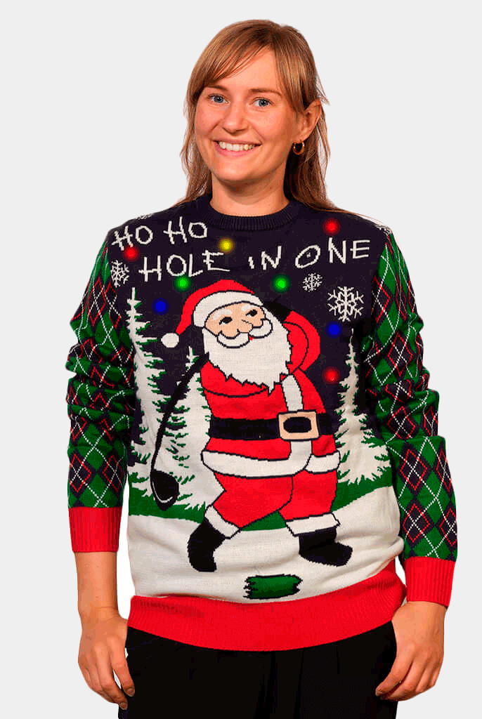 Womens LED light-up Christmas Jumper with Santa playing Golf