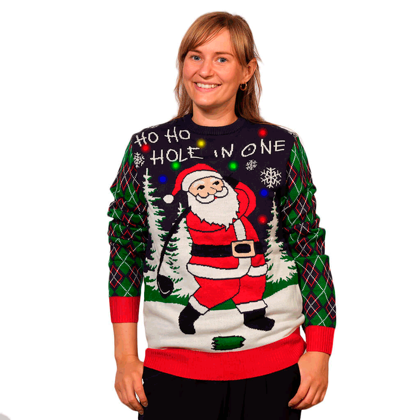 Womens LED light-up Christmas Jumper with Santa playing Golf