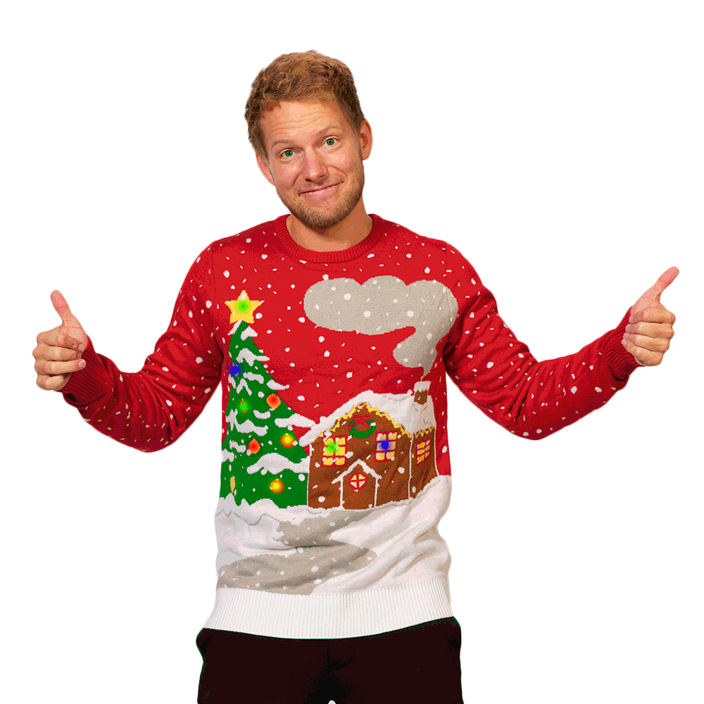 LED light-up Christmas Jumper with Tree, House and Snow Mens