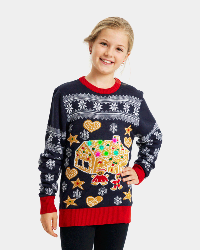 LED light-up Family Christmas Jumper with Gingerbread House Kids Boys Girls