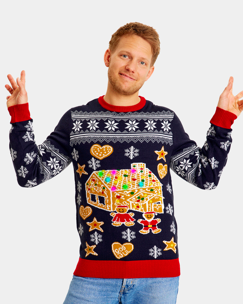 LED light-up Family Christmas Jumper with Gingerbread House Mens