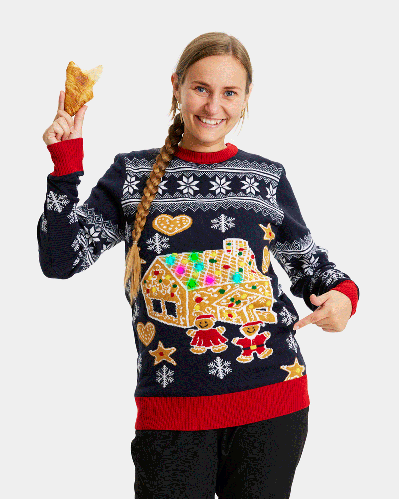 LED light-up Family Christmas Jumper with Gingerbread House Womens