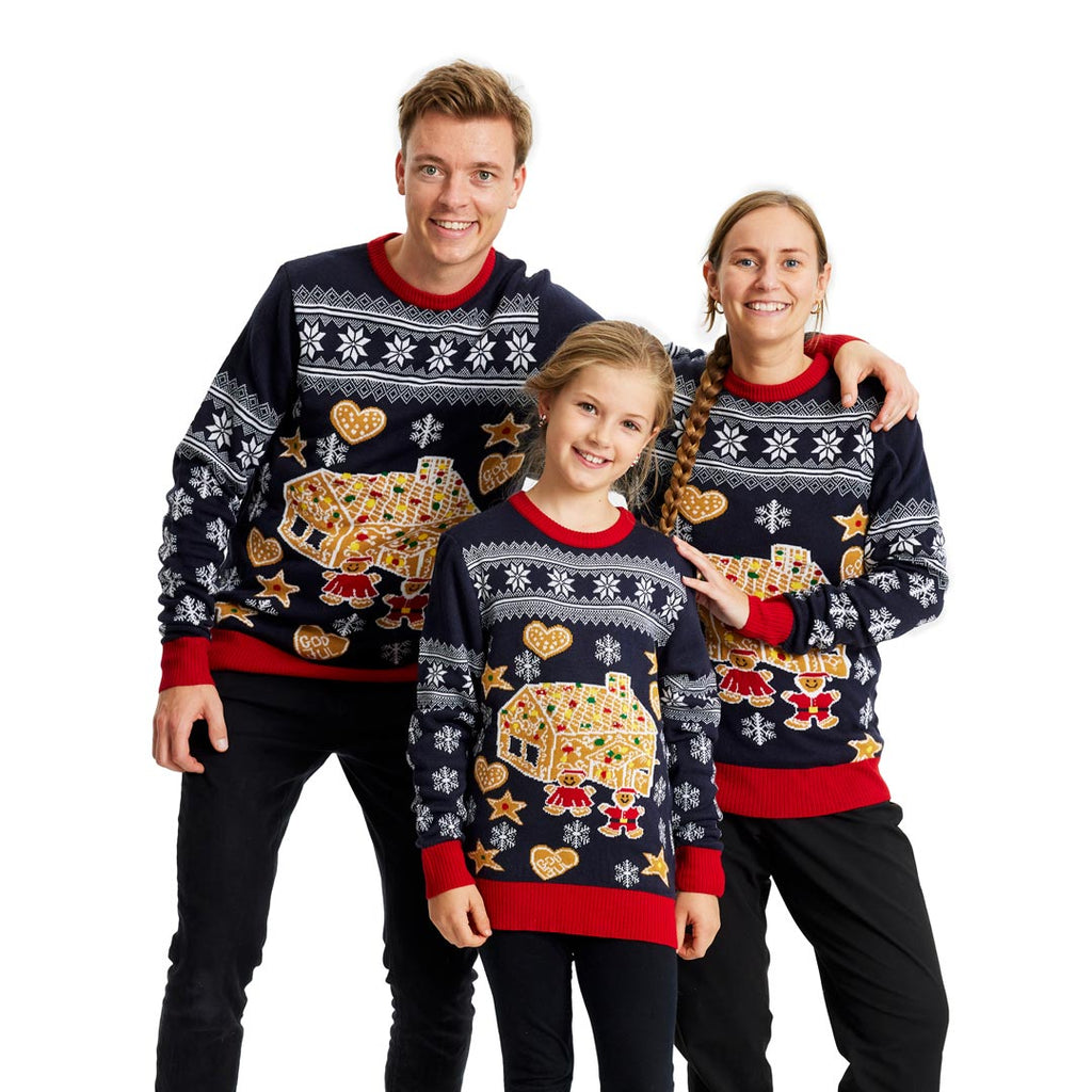 LED light-up Family Christmas Jumper with Gingerbread House