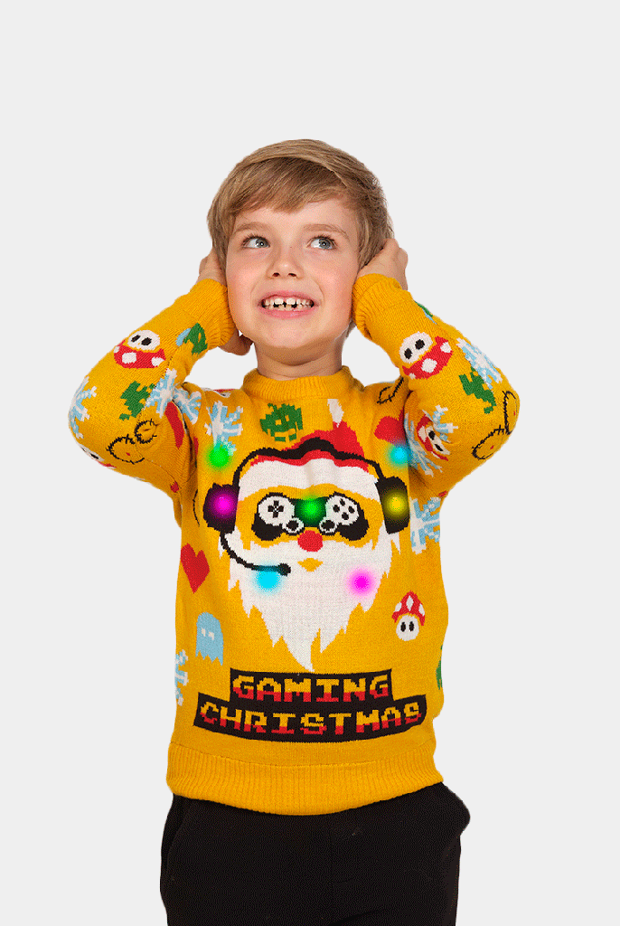 Boys LED light-up Family's Christmas Jumper with Santa Gamer