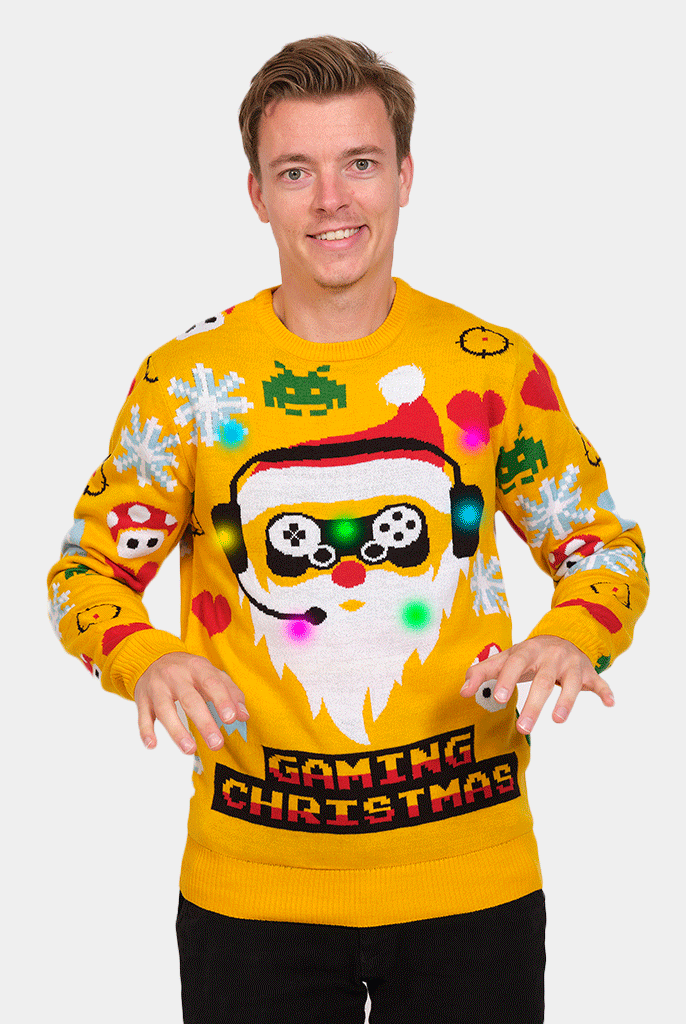 Mens LED light-up Family's Christmas Jumper with Santa Gamer