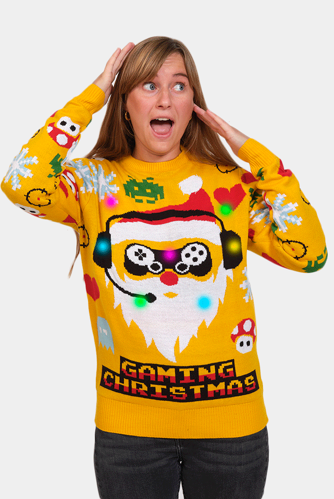 Womens LED light-up Family's Christmas Jumper with Santa Gamer